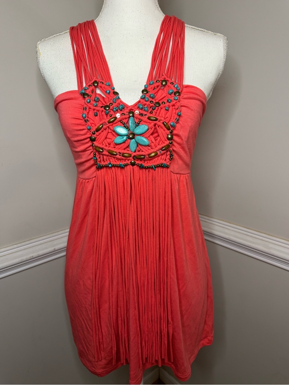Boston Proper Bright Coral Knit Top w/ Beading and Fringe Size S Like New - Picture 1 of 6
